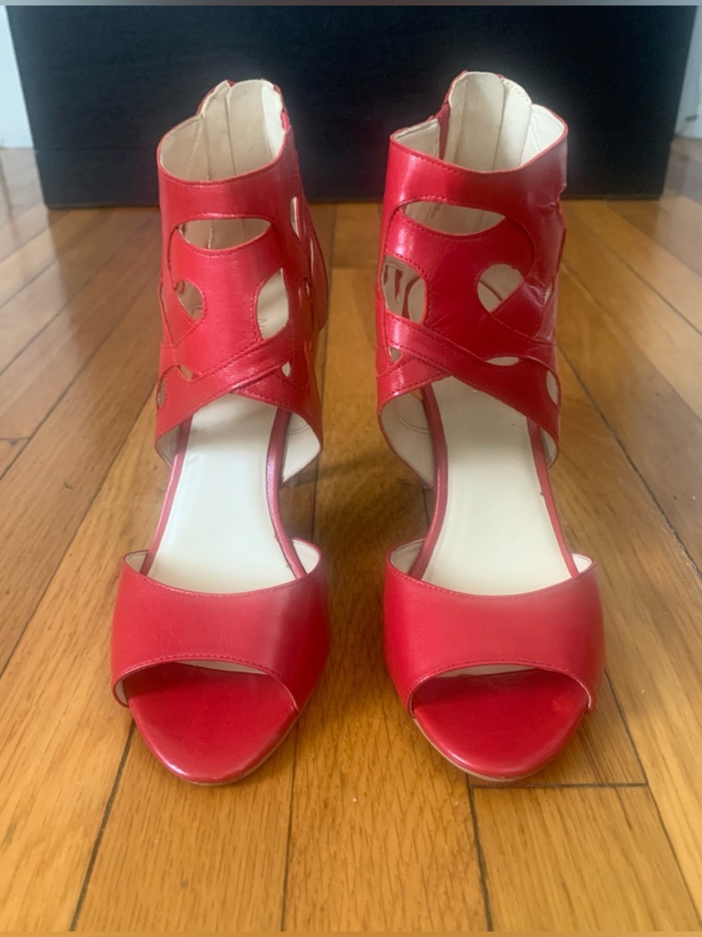Nine West Red Fabeyana Open Toe Cage Cutout Stiletto Ankle Shoes - Size 7.5